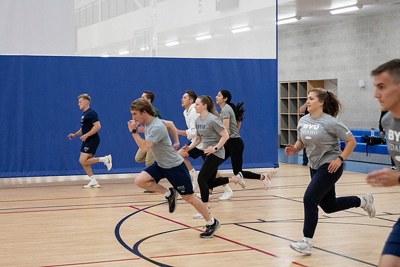 BYU-Idaho students attend a hands-on sprinting workshop in the I-center.