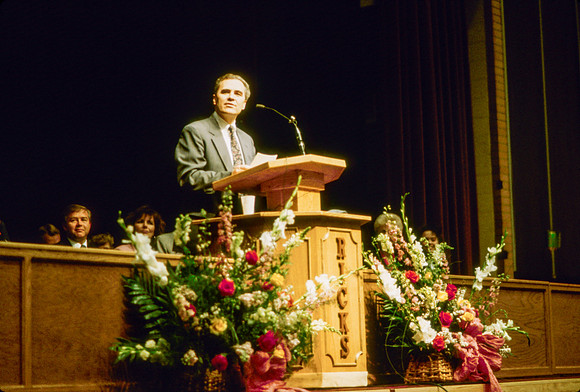 President Steve Bennion speaks to students at Ricks College during devotional