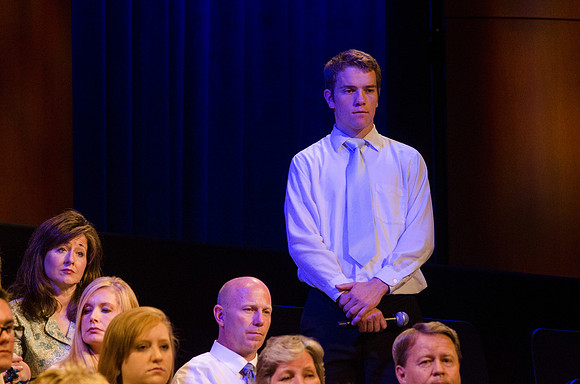 Audience members listening to Pres. Clark share information about new BYU-Idaho students and answers to questions