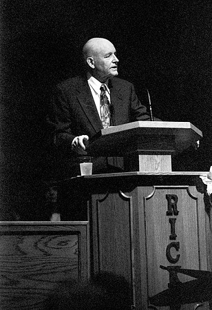 President Howard W. Hunter speaks to students at Ricks College during devotional