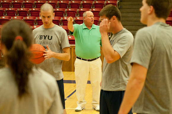 Basketball class students and choach doing basketball drills