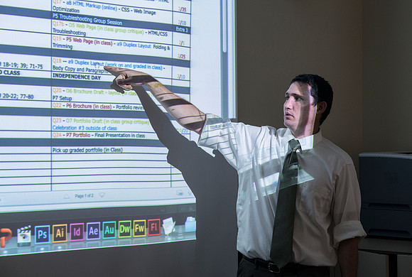 Spencer Haacke teaches the Visual Media class in the Jacob Spori Building.