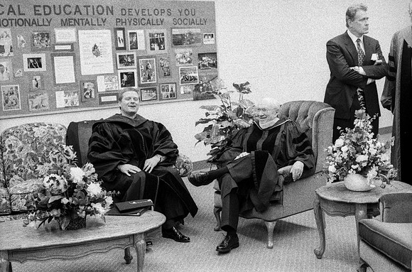President David A. Bednar and President Gordon B. Hinckley conversing