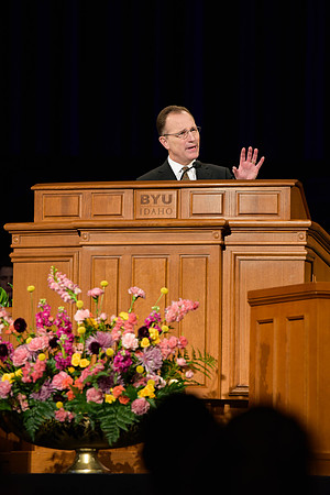 Elder Kyle S. McKay address students of BYU-Idaho in the I-Center.