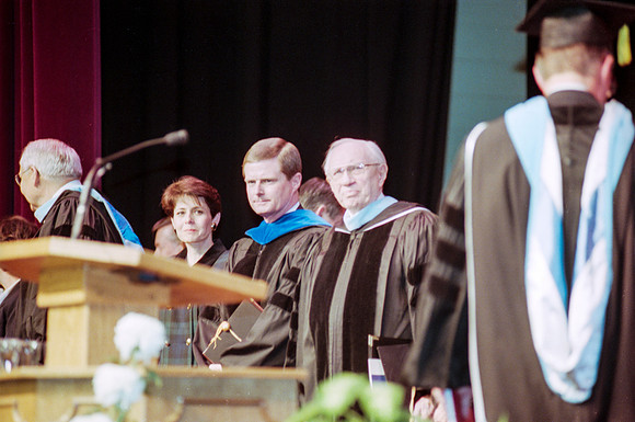President David A, Bednar, President Gordon B. Hinckley and Elder L. Tom Perry on the stand for Inauguration