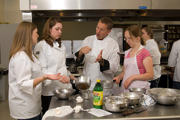 Jeff Hamlin teaches students the fine art of cooking in the Cooking lab in the Clarke Building.