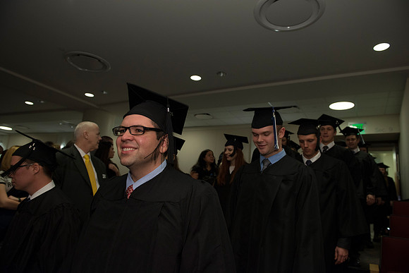 Graduates gather in the I-Center for ​Commencement.