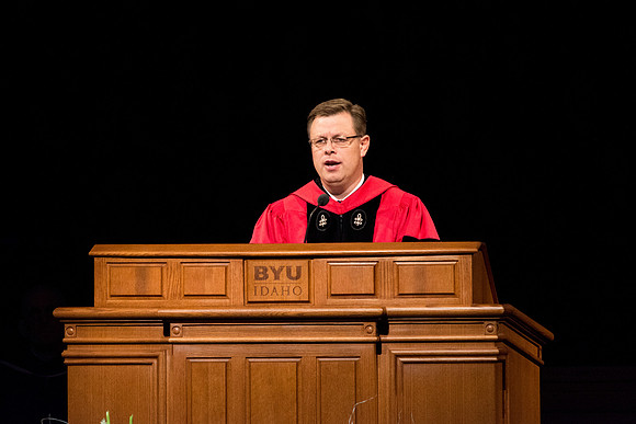 President Clark G. Gilbert giving a speech to the graduates at Commencement