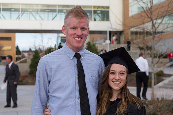 The soon to be married couple poses outside the BYU-I I-Center to celebrate Chelsea's graduation. Photo by Tyler Rickenbach