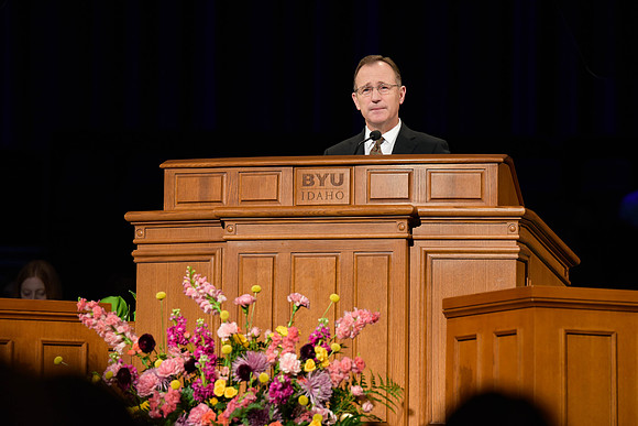 Elder Kyle S. McKay address students of BYU-Idaho in the I-Center.