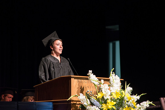 Bethany Blaine, a graduate in University Studies speaks at the Convocation for the college of Interdisciplinary Studies. BYU-Idaho photos by Michael Lewis
