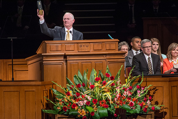 President Clark, President of BYU-Idaho, conducts devotional and invites students to show their preparedness for Devotional.