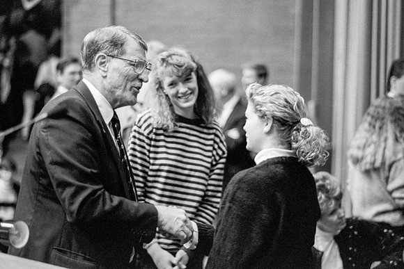 Elder Neal A. Maxwell greets students after speaking at devotional at Ricks College.