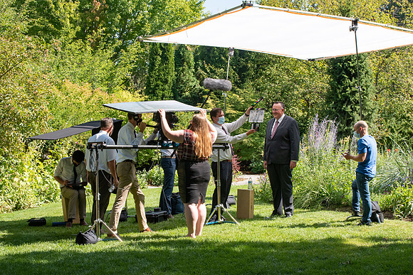 Video production of Vice President, Jon Linford, in the Thomas E. Ricks Gardens for the We're In This Together campaign.