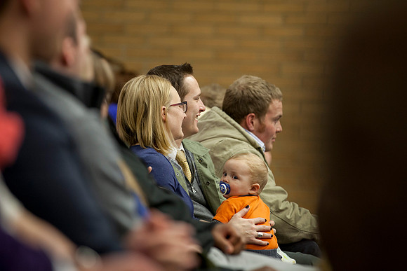 Students laugh at the remarks from The Bednar's. Photo by Tyler Rickenbach