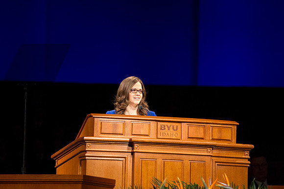 Sister Brittany Shipp speaks during devotional about the importance of our choices and the impact they will have in our lives.