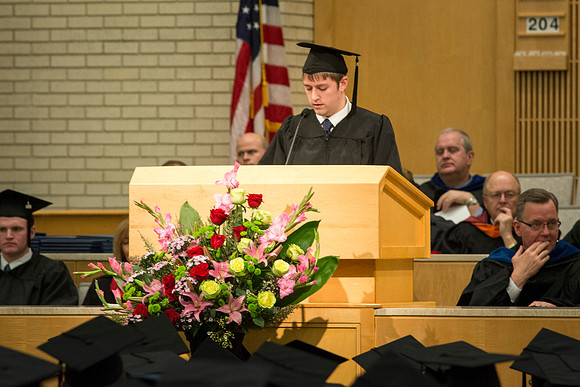 Page Wiberg giving a speech at convocation