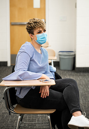 BYUI classes in the religion department meeting during Covid-19 with masks and social distanced seating.
