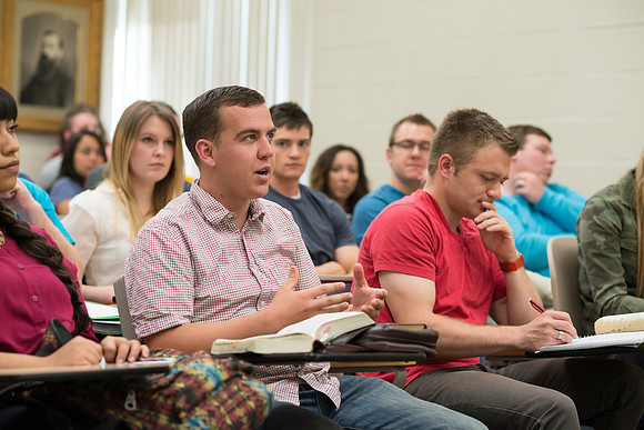 Michael Bolingbroke an instructor in the Religion Dept teaches a New Testament class.