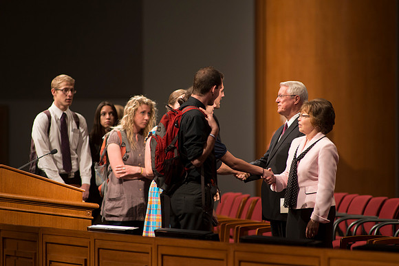 BYU-Idaho students line up after devotional to take the opportunity greet Bishop and Sister Dean Davies of the presiding Bishopric. (Shot with a Tamron 300mm f/2.8 manual focus lens)