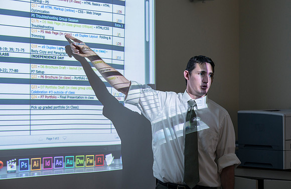Spencer Haacke teaches the Visual Media class in the Jacob Spori Building.