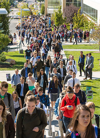 Students leaving the BYUI-Center after the first devotional of the Fall 2016 semester.