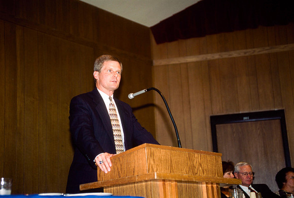 President David A. Bednar presides over a Ricks College Faculty Meeting.