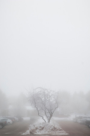 Fog engulfs the Kimball parking lot on a cold, winter morning.