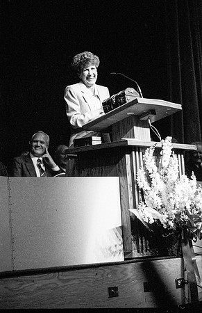 Sister Bonnie Hammond speaks to students at a devotional at Ricks College
