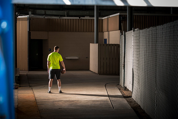 Justin Lassond meditates as he gets ready for the upcoming football season at BYU-Idaho.