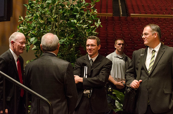 Professors, faculty, &amp; Pres. Clark visiting after the webcast