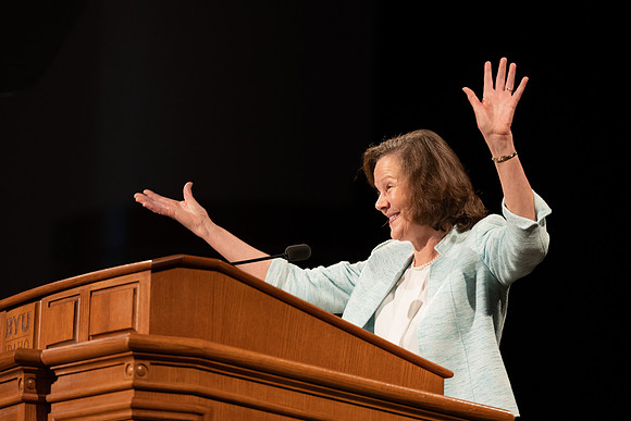 Susan Porter, the General Primary President, addresses BYU-Idaho Students during the weekly Tuesday devotional.