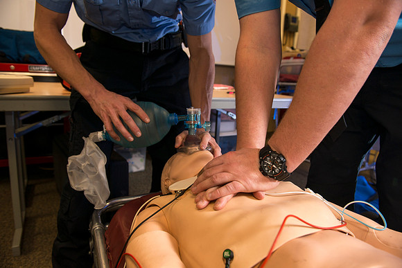 Cory Marriott and his peer pass off EMT requirements during lab held in the Clarke Building.
