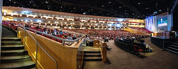 Students gather for devotional in the BYU-Idaho Center with Elder Kyle S McKay, General Authority Seventy.