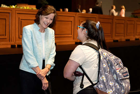 Susan Porter, the General Primary President, addresses BYU-Idaho Students during the weekly Tuesday devotional.