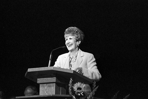 Bonnie Hammond speaks to students at Ricks College during devotional