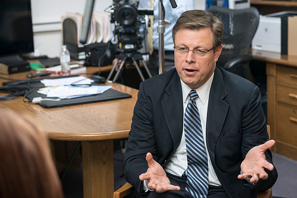 President Gilbert interviews Kris Powell about her role in the Student Activity Program and the Spirit of Ricks.