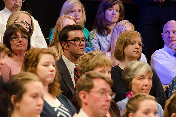 Audience members listening to Pres. Clark share information about new BYU-Idaho students and answers to questions