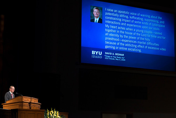 Brother Steve Rigby, the Computer Information Technology Department Chair speaks at devotional.