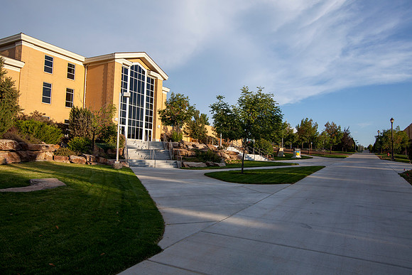 Sun sets on the Hinckley Building during the Spring Semester.