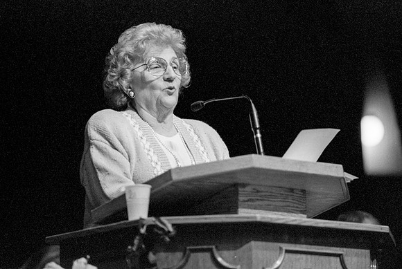 Barbara Christensen speaks to students at Ricks College during Devotional