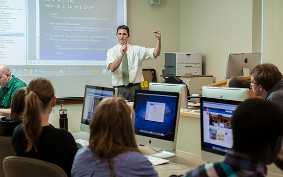 Spencer Haacke teaches the Visual Media class in the Jacob Spori Building.