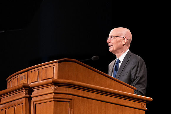 Susan Porter, the General Primary President, addresses BYU-Idaho Students during the weekly Tuesday devotional.