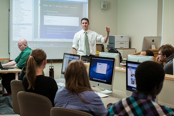Spencer Haacke teaches the Visual Media class in the Jacob Spori Building.
