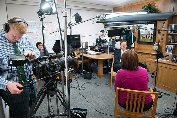 President Gilbert interviews Kris Powell about her role in the Student Activity Program and the Spirit of Ricks.