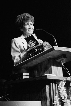 Sister Bonnie Hammond speaks to students at a devotional at Ricks College