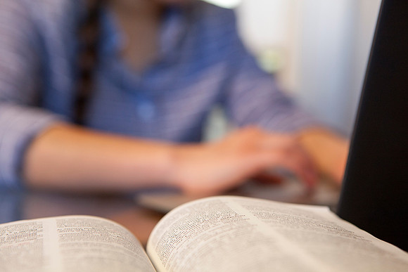 Tanya Rickenbach studies online at BYU-Idaho in her quiet apartment.
