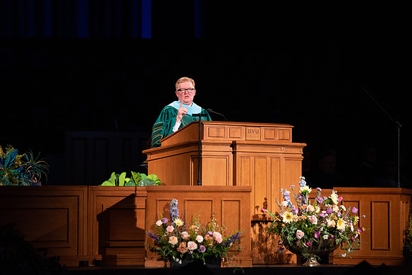 Student Graduates and Faculty meet in the I-Center for Commencement.
