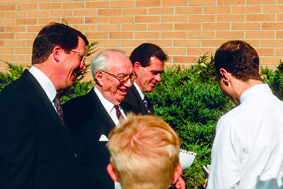President Gordon B. Hinckley speaks with students after devotional at Ricks College