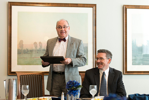 Merv Brown the Managing Director of University Relations treats the department to a luncheon in the Presidents Dining Room in the Manwaring Center.